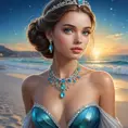 A princess with eyes as deep as the ocean, her necklace made of sea glass, walking on a beach where the sand sparkles like diamonds under a full moon.