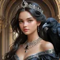 A young princess with hair the color of a raven's wing, her delicate features framed by a circlet of gleaming onyx, her expression a blend of intelligence and grace as she surveys her kingdom with a keen eye.