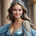 A breathtaking princess with skin like alabaster and eyes the color of the ocean, her gown a masterpiece of shimmering blue and silver, her gentle smile radiating a sense of kindness and compassion.