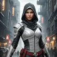 a powerful, enigmatic female Assassin from the Assassin's Creed universe, with a captivating gaze and a sleek, futuristic outfit, in a sci-fi, dystopian setting