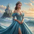 A queen with eyes that shimmer like the ocean, wearing a gown that changes colors with the tides, ruling from a castle that floats on a cloud of mist.