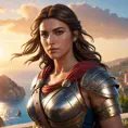 Kassandra from Assassin's Creed Odyssey, overlooking a breathtaking sunset on a Greek island, with her armor reflecting the warm light, her hair flowing in the wind, capturing a moment of calm and strength.