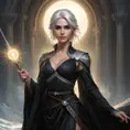 Ciri, the sorceress, with a flowing black dress and a staff in hand, surrounded by a halo of light