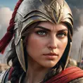 Kassandra from Assassin's Creed Odyssey, in a detailed close-up shot, wearing her helmet with only her intense eyes visible, surrounded by the battlefield's smoke and chaos, capturing the essence of a warrior.