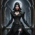 A stunning Assassin's Creed woman in a gothic vampire castle, her outfit a dark, elegant blend of Victorian mourning attire and lethal assassin weapons, the moon casting eerie shadows.