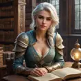 Ciri in a library of ancient, magical tomes, the air thick with dust and the glow of enchanted books, her hand resting on a large, ancient grimoire