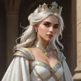 Ciri, the queen, with a regal crown and a flowing white gown