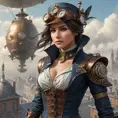 Imagine a beautiful Assassin's Creed character in a steampunk world, her clothing a blend of Victorian elegance and mechanical gears, standing atop a zeppelin with a backdrop of a smog-filled cityscape.