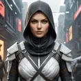 a powerful, enigmatic female Assassin from the Assassin's Creed universe, with a captivating gaze and a sleek, futuristic outfit, in a sci-fi, dystopian setting