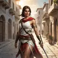 Kassandra, the legendary mercenary of Assassin's Creed, navigating the ancient streets of a bustling Greek city, her Spear of Leonidas gleaming in the sunlight.