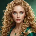 A beautiful, elegant woman with long, curly golden hair and piercing emerald eyes, inspired by the refined and cultured world of the Nilfgaardian court