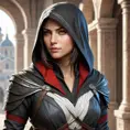 a beautiful, skilled female Assassin from the Assassin's Creed series, with a commanding presence and a complex, multi-layered character, in a visually stunning, hyper-detailed environment