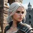 A close-up of Ciri from The Witcher 3, her face determined and focused, with her white hair framing her face, set against a backdrop of an ancient, ruined castle.