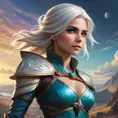 Ciri, the Lady of Time and Space, traversing a vast, otherworldly landscape, her powers manifesting in a dazzling display. Surreal, imaginative, and visually stunning.