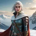 Ciri from The Witcher 3 standing atop a snowy mountain, her cape billowing in the wind, looking out over a vast, icy landscape with a determined expression.