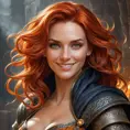 A stunning, fiery-haired woman with a mischievous grin, inspired by the fiery spirit of the sorceress, Philippa Eilhart