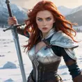 A beautiful woman, reminiscent of Ciri, with fiery red hair and piercing blue eyes, wielding a silver sword, her expression fierce and determined, standing on a snow-covered battlefield