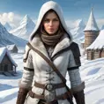 A breathtaking Assassin's Creed woman in a snowy Russian tundra, her attire a blend of fur-lined winter gear and advanced cold-weather assassin technology, with a distant igloo village in the background.