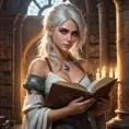 Ciri in a library of ancient, magical tomes, the air thick with dust and the glow of enchanted books, her hand resting on a large, ancient grimoire