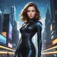 Kitty Pryde in a sleek black jumpsuit, her eyes glowing with telepathic energy, standing in a futuristic cityscape