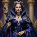 A powerful queen in a dress of shimmering midnight blue, her shoulders draped in a cloak of deep purple velvet, a scepter of carved ivory in her hand as she stands before her loyal subjects.