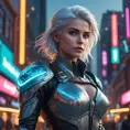 Ciri in a bustling, futuristic cityscape at dusk, neon lights reflecting off her armor, her face illuminated by the glow of a digital map floating in front of her