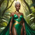 Ororo Munroe in a flowing green costume, her dark skin glowing with a warm golden light, standing in a lush jungle