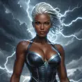 Storm with a fierce expression, her dark skin glowing with electricity, standing in a stormy sky