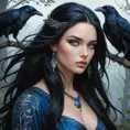 A beautiful, mysterious woman with long, raven-black hair and piercing blue eyes, inspired by the Wild Hunt