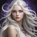 A mystical, ethereal woman with long, flowing white hair and piercing violet eyes, inspired by the ancient magic of the Continent