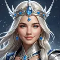 A stunning illustration of Ashe, the Frost Archer, with a regal crown and a gentle smile