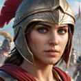 Kassandra from Assassin's Creed Odyssey, in a detailed close-up shot, wearing her helmet with only her intense eyes visible, surrounded by the battlefield's smoke and chaos, capturing the essence of a warrior.