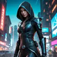 a female Assassin from the Assassin's Creed franchise, with a captivating, enigmatic presence and a sleek, streamlined outfit, in a futuristic, neon-infused cityscape