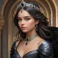 A young princess with hair the color of a raven's wing, her delicate features framed by a circlet of gleaming onyx, her expression a blend of intelligence and grace as she surveys her kingdom with a keen eye.