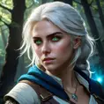 A stunningly detailed portrait of Ciri from The Witcher 3, with her white hair flowing, fierce green eyes, and her signature scar across her cheek, standing in a dark forest with mystical blue light surrounding her.