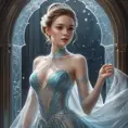 A princess with skin as pale as the moon, wearing a gown of spider silk, standing in a chamber of frosted glass where the light refracts into a thousand colors.