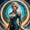 Ciri, the Lady of Time and Space, standing amidst a swirling vortex of energy, her powers on full display. Surreal, ethereal, and visually striking.