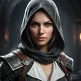 a female Assassin from the Assassin's Creed series, with a striking, angular face and a fierce, resolute expression, in a dark, moody, atmospheric setting