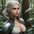 Ciri, the witcher's apprentice, navigating a fantastical, overgrown forest, her senses heightened and her movements graceful. Lush, detailed, and cinematic.