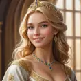 A regal, golden-haired princess, inspired by the kingdom of Cintra, with a kind face and a gentle smile