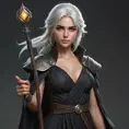 Ciri, the sorceress, with a flowing black dress and a staff in hand