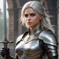 Ciri, the warrior, with a suit of armor and a sword at her side