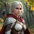 Ciri, the huntress, with a bow and quiver full of arrows and a cloak of leaves