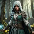 Imagine a beautiful Assassin's Creed character in a mystical Celtic forest, her clothing a mix of ancient druidic robes and hidden assassin weapons, surrounded by ancient stone circles and glowing will-o'-the-wisps.