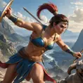 A dramatic action scene of Kassandra, the fierce Spartan warrior, engaged in a brutal battle against a towering mythological creature, her determination and skill shining through.