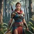 A cinematic shot of Kassandra from Assassin's Creed Odyssey, emerging from a dense forest with a determined look, her armor slightly weathered, and her weapons ready for combat, showcasing the wilderness around her.