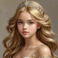 A young princess with hair the color of spun gold, her delicate features accented by a tiara of gleaming platinum, her expression a blend of wisdom and innocence as she surveys her domain.