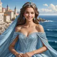 A breathtaking princess with skin like alabaster and eyes the color of the ocean, her gown a masterpiece of shimmering blue and silver, her gentle smile radiating a sense of kindness and compassion.