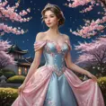 A princess with skin as smooth as porcelain, dressed in a gown of cherry blossoms, standing in a garden where the flowers bloom in vibrant colors under a twilight sky.