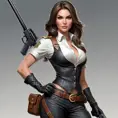 A bold and striking illustration of Caitlyn, the Sheriff of Piltover, with a confident pose and a rifle at the ready